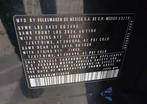 2018 Volkswagen Tiguan 2.0T Se/2.0T Sel from USA, damaged, VIN 3VV2B7AX8JM113976